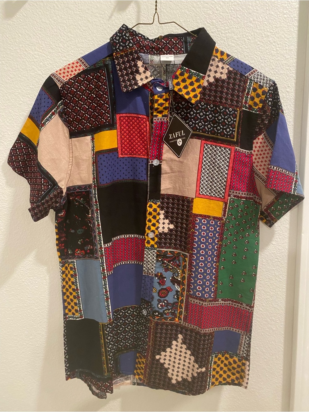 Zaful Multicolor Patchwork Short Sleeve Button-Down Shirt
